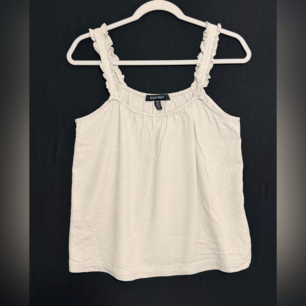 Ellen Tracy Women's White Tank Top Linen Viscose Blend ruffle Straps